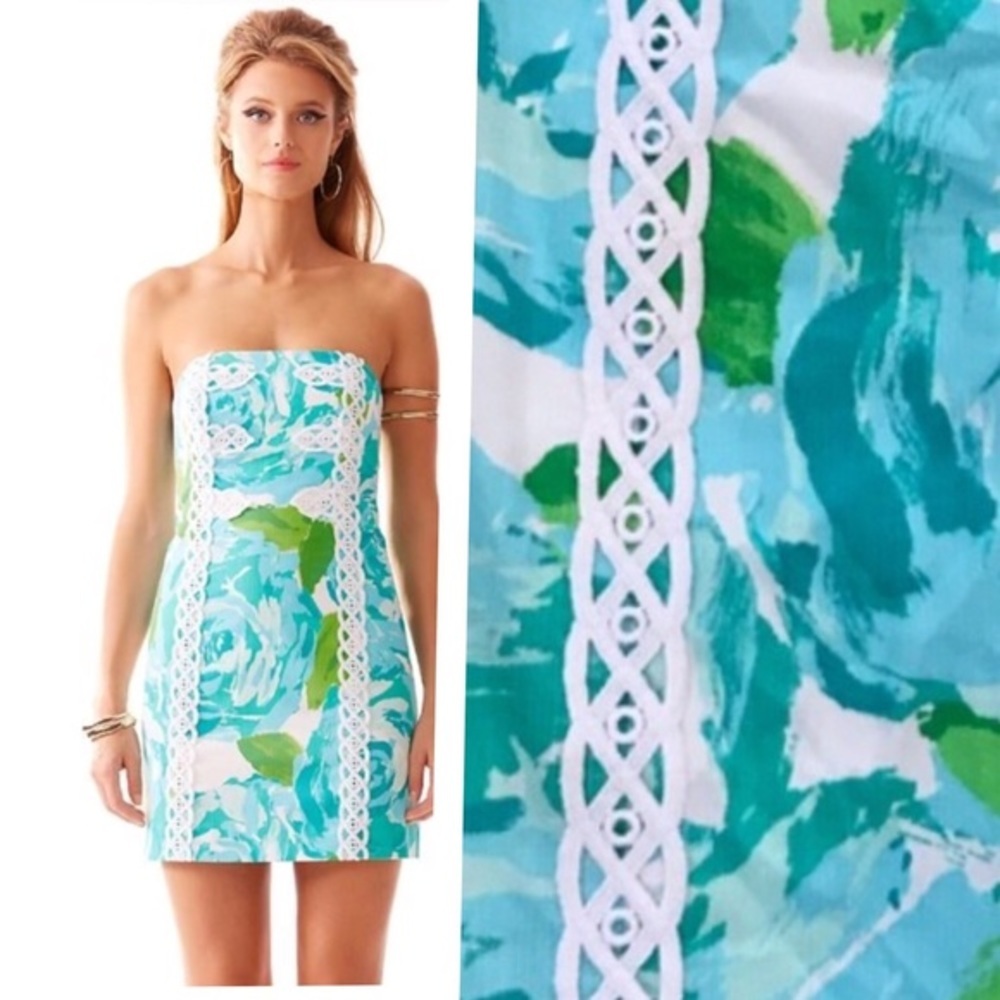 Lilly Pulitzer Blue First Impressions Roses Strapless Easter Dress Size 0